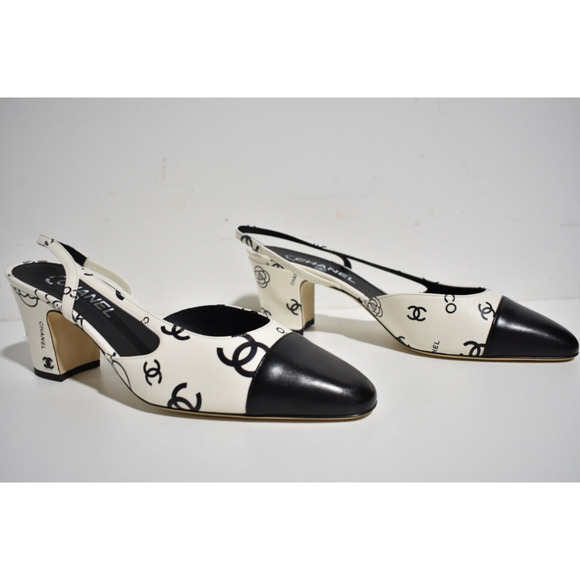 Chanel 23P Mademoisele Coco Sling White Black CC Logo Slingback Sandal Heel 40.5 - Picture 5 of 12
